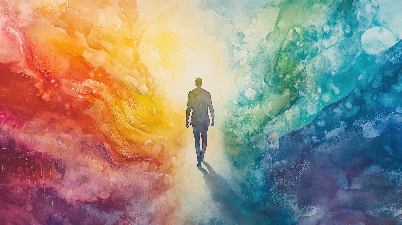 spirit human body walking inspiring rainbow way mind mental health soul spiritual imagine energy emotion connect universe abstract art. watercolor painting fantasy digital collage illustration design