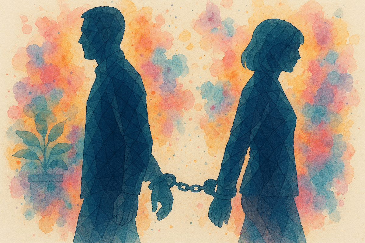 STR Behavioral Health - Codependency blog - watercolor of two people connected by handcuffs