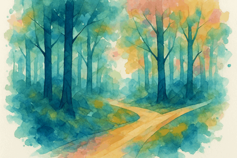 watercolor of two roads diverged in the woods