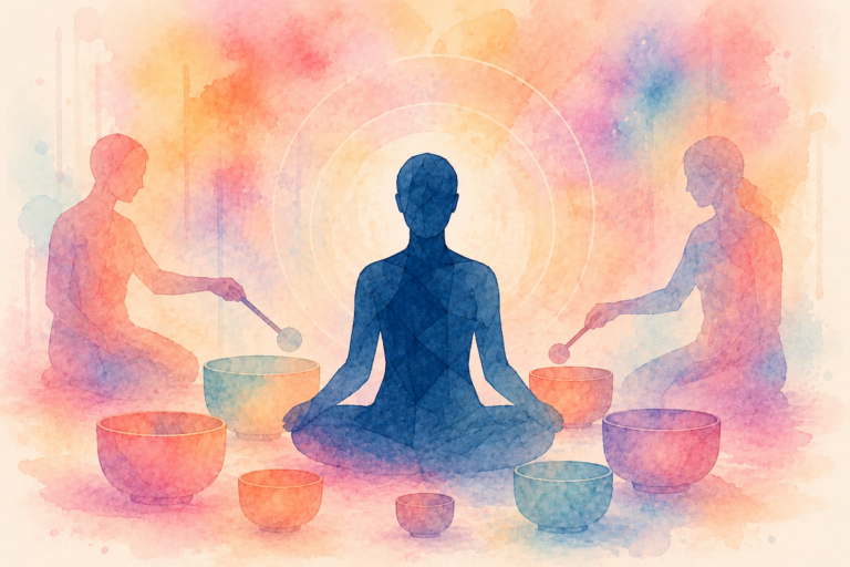 Watercolor painting of a person in sound bath therapy for STR Behavioral Health blog called Types of Holistic Mental Health Treatment