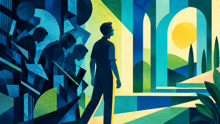 STR Behavioral Health - Blog featured image - bright geomtric watercolor of a man walking a path with past versions of himself looking on