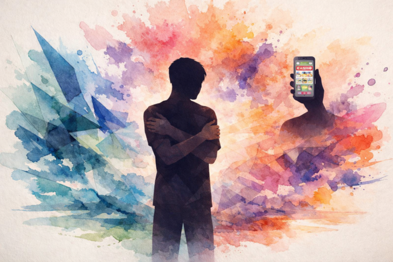 Water color image of person struggling with gambling for a STR Behavioral Health blog called Is Compulsive Gambling an Addiction? What the Research Says/.